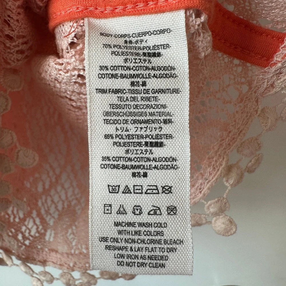 Free People Peach Lace Tiered Babydoll Tank Top Pom Pom Trim Large OB404741